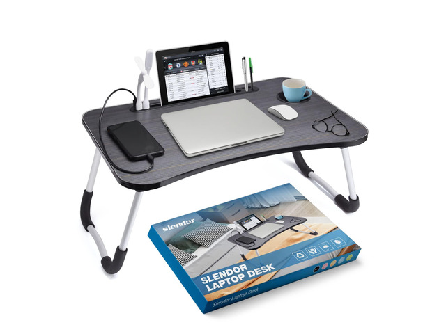 Foldable Lap Desk with Cup Holder for Bed, Couch, Floor Portable,with USB Light, Fan, Pen Holder,Tablet Holder,for Laptop,Writing,Eating, Black