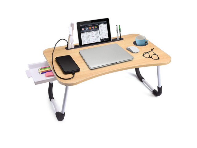 Bed Desk for Laptop and Writing with Storage, Cup Holder, Light Fan, Pen Holder,Tablet Holder,Foldable, for Bed, Couch, Floor, Portable,Walnut