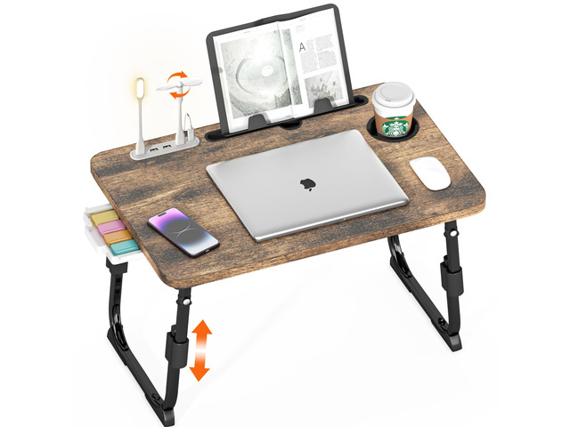 Lap Desk for Bed Adjustable Height with USB Port 23.6' x15.7' Desktop Storage Drawer, Bookshelf, Fits 17' Laptop, For couch WFH Study, Foldable...