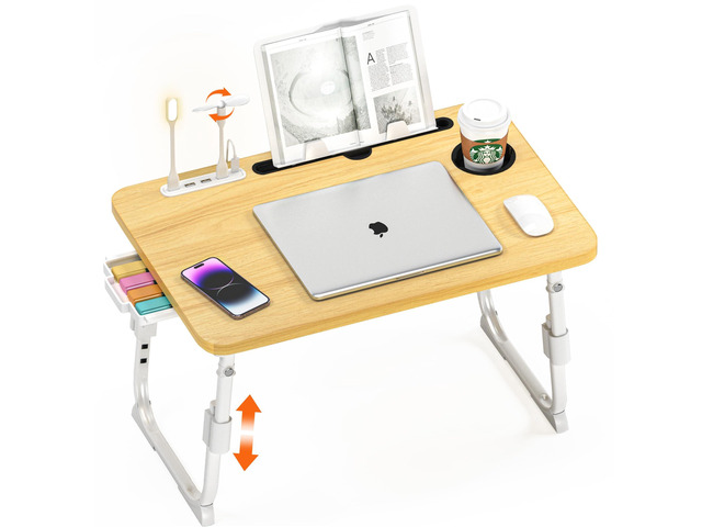 Lap Desk for Bed Adjustable Height with USB Port 23.6' x15.7' Desktop Storage Drawer, Bookshelf, Fits 17' Laptop, For couch WFH Study, Foldable...