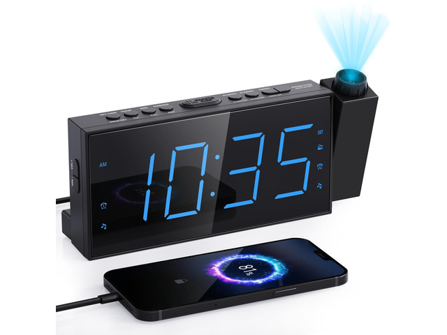 Projection Alarm Clock with FM Radio and 7-Inch LED Display Ceiling projection, dual alarms, adjustable dimmer, USB charging port, sleep timer...