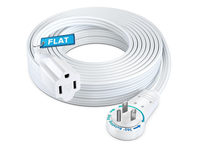 50 Ft UL 360° Rotating Flat Wire Extension Cord, 1-Outlet, 16/3 AWG 16 Gauge grounded wire UL certified. SPT-2 flat wire jacket sits flush against...