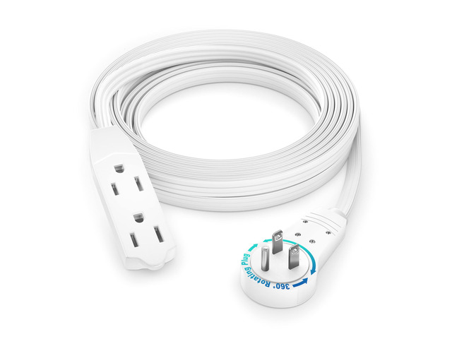 12 Ft UL 360Â° Rotating Flat Plug Extension Cord, 3-Outlet, 16/3 AWG 16 Gauge UL Certified grounded wire indoor rated Meets applicable electrical...