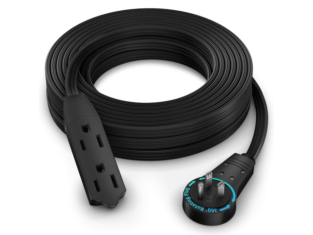 50 Ft UL 360° Rotating Flat Plug Extension Cord, 3-Outlet, 16/3 AWG 16 Gauge UL Certified grounded wire indoor rated Meets applicable electrical...