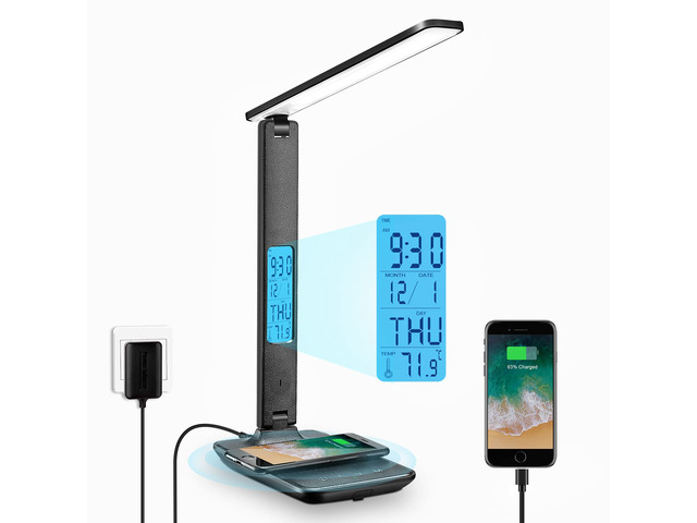 Desk Lamp with Wireless Charger: USB Charging Port, Table Lamp with Clock, Desk Lamps for Home Office College Dorm Room Essentials