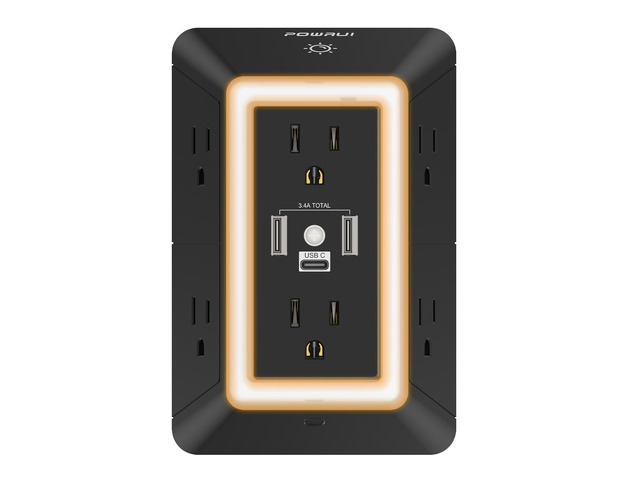 Multi Plug Wall Outlet Night Light, 6 Outlet Extender & 3 USB Ports 3-Sided Power Strip, Adapter Spaced Outlets, 1680J Surge Protector, Outlet...