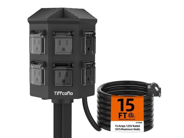 Outdoor Power Strip with Stake Waterproof, 15 FT Extension Cord, 6 Grounded Outlets for Outdoor Lights, 14 AWG, 15A/1875W, ETL Listed