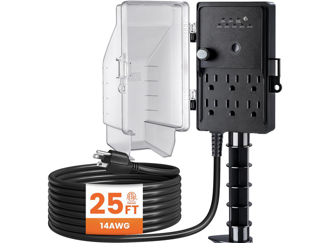 Outdoor Power Stake Waterproof Dusk to Dawn Light Timer, 25FT Extension Cord Multiple Outlet, 6 Electrical Outlets Power Strip Weatherproof for...