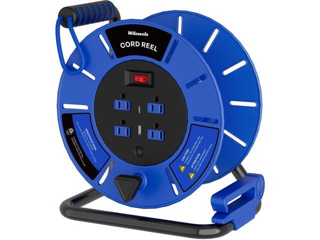 Extension Cord Storage Reel with 4-Grounded Outlet & 2 USB Port, 15A Circuit Breaker, Heavy Duty Open Cord Reel for 12/3,14/3 Gauge Power Cord,...