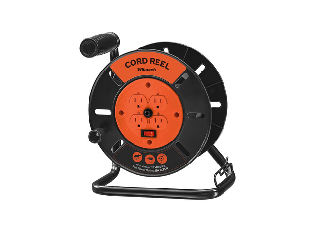 Extension Cord Storage Reel with 4-Grounded Outlets, Heavy Duty Open Cord Reel for 12/3,14/3,16/3 Gauge Power Cord, Hand Wind Retractable, 15A...