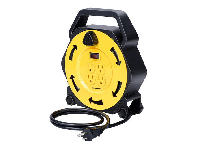 25FT Extension Cord Reel, Hand Wind Retractable Cord Reel 16/3 SJTW Power Cord, 4 Grounded Outlets, 13 Amp Circuit Breaker, Ideal for Workshop,...