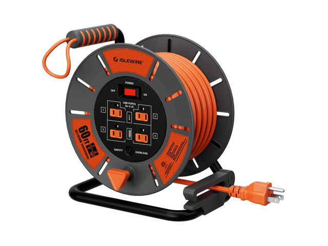 60 FT Retractable Extension Cord Reel, 14AWG SJTOW Heavy Duty Power Cord with 4 Grounded Outlets, USB-A & USB-C Ports, 13A Circuit Breaker, Hand...