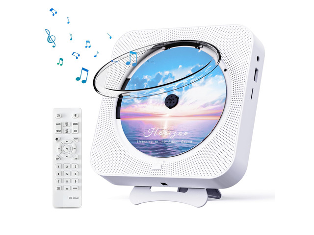 Bluetooth Portable Home CD Music Player with Remote Control, Timer, Built-in Speakers and LED Display - FM Radio Boombox (White)