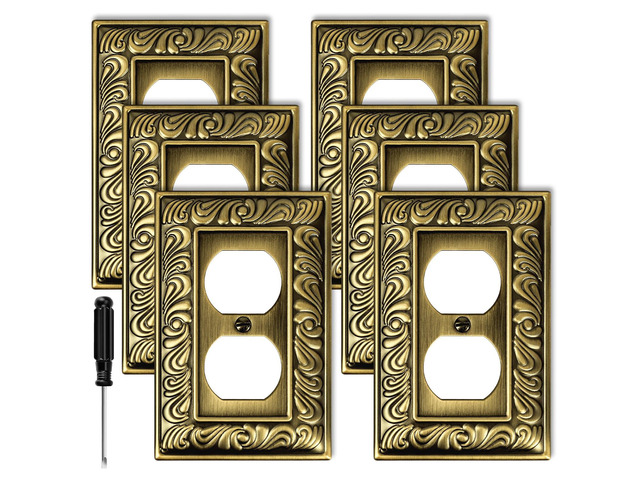 Antique Brass Decorative Duplex Outlet Cover, Decorative Switch Plate Cover 6 Pack Paisley Pattern Wall Plates for Electrical Outlet, Metal...