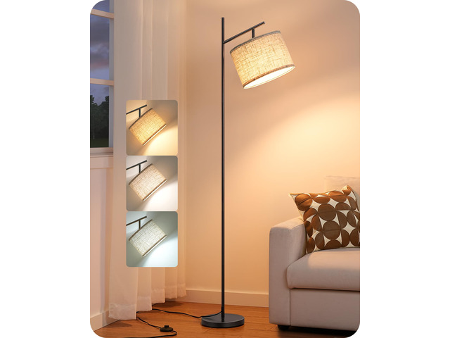Modern Black Floor Lamps for Living Room, 64.7' Arc Standing Lamp 3 Color Temperatures, Bulb Included, Adjustable Linen Shade, Foot Switch,...