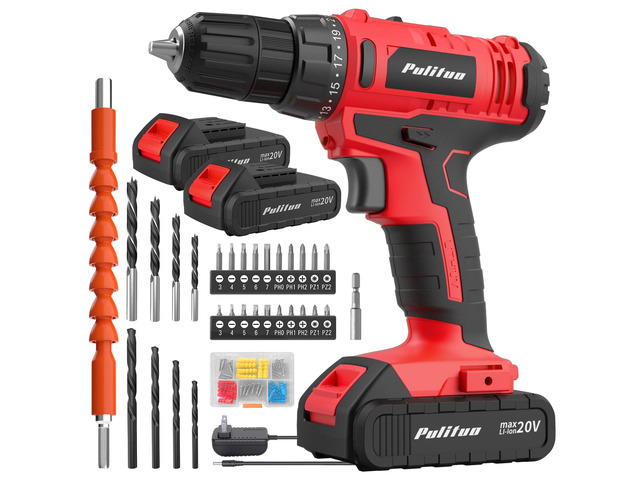 20V Cordless Drill/Driver, 2 Batteries Electric Screwdriver, 30Nm Power Drill Driver, 21+1 Torque, 2 Speed, 3/8'Keyless Chuck, power Drill with LED...