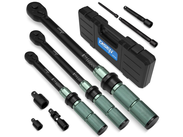 9PC Click Torque Wrench Set 1/4' 3/8' 1/2' ±3% Accuracy Storage Box 20-220 In. lb, 5-45 Ft. lb, 10-170 Ft. lb 6 adapters 72-tooth ratchet Dual scale...