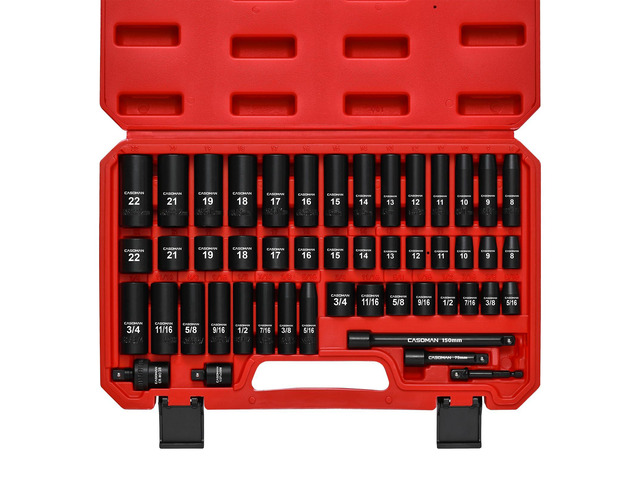 3/8' Drive Impact Socket Set, 49 Piece Standard SAE and Metric Sizes (5/16-Inch to 3/4-Inch and 8-22 mm), 6 Point, Cr-V Steel Socket Set