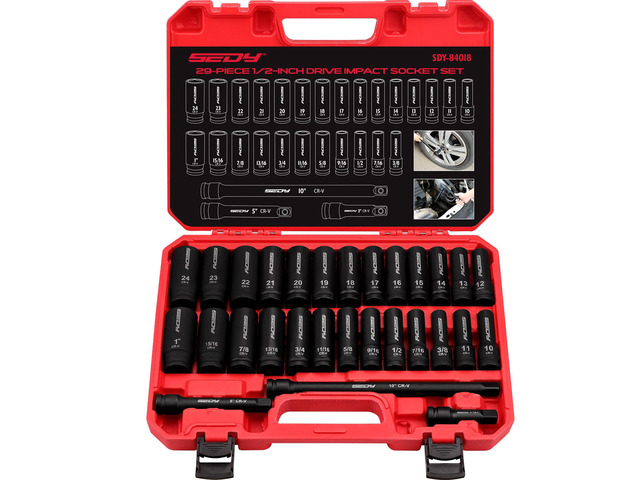 29-Piece 1/2' Drive Impact Socket Set, SAE (3/8 to 1 inch) and Metric (10-24mm) Sizes with Extension Bars Standard Deep Socket Set CR-V Material...