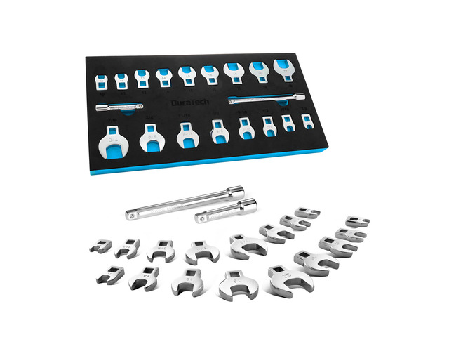 19-Piece 3/8' Drive Crowfoot Wrench Set with 2 Extension Bars SAE & Metric, 10mm-22mm & 3/8'-7/8', CR-V Steel, for Brake & Fuel Line Fittings in...