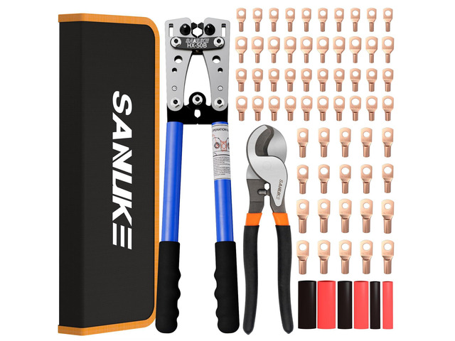 Battery Cable Crimper Tool AWG10-1/0, Wire Cutter, 60pcs Copper Lugs Electrical Battery Lug Crimping Tool for 10 8 6 4 2 1/0 AWG Wires, 60pcs...