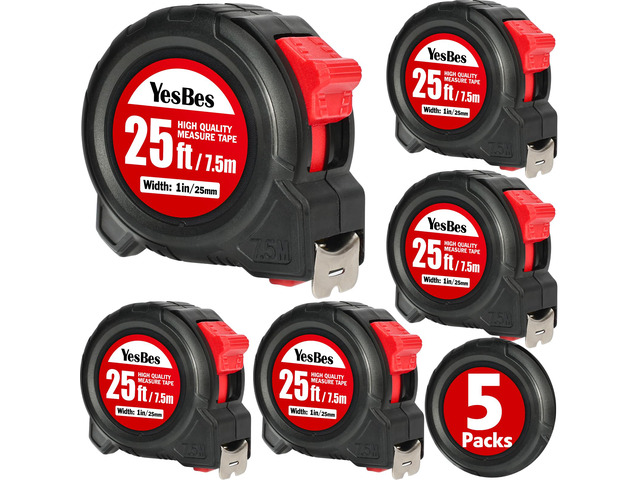 Tape Measure 25 ft, 5 Pack Bulk Easy Read Measurement Tape, Self-Locking Measuring Tape Retractable 1-Inch Wide x 25 ft