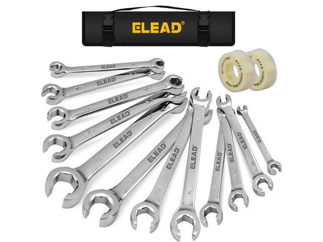 14-Piece Flare Nut Wrench Set with PTFE Tape, Metric & SAE 1/4'-7/8'& 6-21mm, Brake Line Wrench Set Double Open End with Organizer Pouch for...
