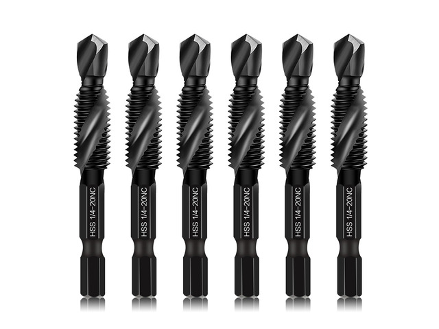 6-Piece 1/4-20NC Combination Drill Tap Bit Set SAE, Made of High-Speed Steel with Anti-Rust Blackened Coating, Ideal for Soft Metal, Wood &...
