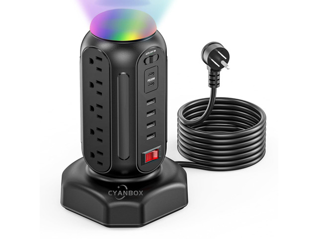 Multiple Outlets Surge Protector, PD 30W Fast Charging Power Strip Tower with RGB Night Light, 15 AC Outlets Power Tower, 2 Type C and 4 USB Ports,...