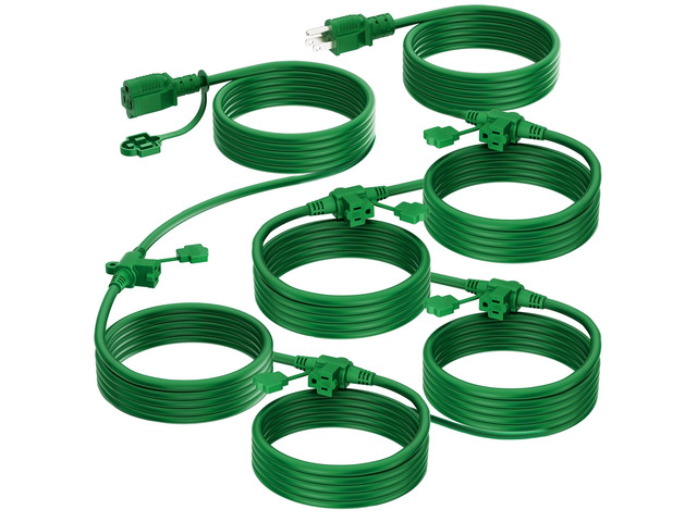 Outdoor Extension Cord 50 FT, Evenly Spaced 6 Outlets, Green 16/3 SJTW Weatherproof Multiple Outlets Wire, For Christmas Halloween Lights...