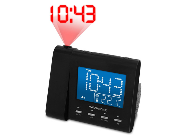 Projection Alarm Clock with AM/FM Radio, Battery Backup, Auto Time Set, Dual Alarm, Nap/Sleep Timer, Indoor Temperature/Date Display with Dimming &...