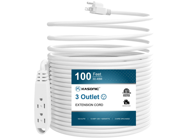 100 FT 3 Outlet Extension Cord, 16/3 SJTW Grounded Cord, White
