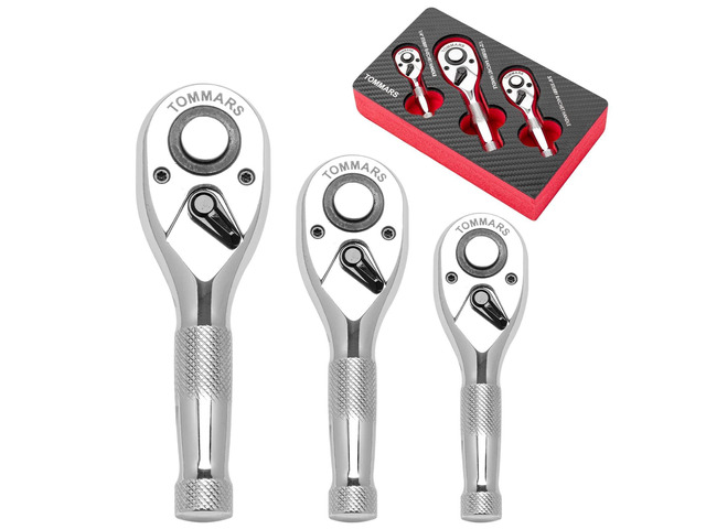 Stubby Ratchet Set 1/4' 3/8' 1/2' Drive Socket Wrench Hand Tool for Mechanics, 72 Tooth 5-degree swing arc, Quick Release, Reversible