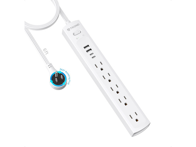Surge Protector Power Strip with 360° Rotating Flat Plug, White 5 Widely Spaced Outlets, 2 USB C and 2 USB A, 1440J Surge Protector, Wall...