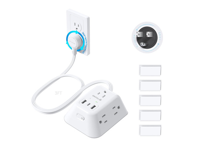 360 Rotating Plug Power Strip - Extension Cord with Multiple Outlets 3 FT Surge Protector 5 Outlets with 3 USB Ports, 1440J, Wall Mount Power...