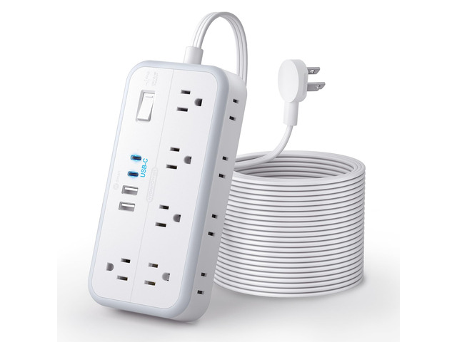 Flat Extension Cord 25 FT, Long Power Strip, 10 Outlets 4 USB Ports (2 USB C), 3 Side 3 Prong & 2 Prong, Overload Protection, Flat Plug Wall Mount,...
