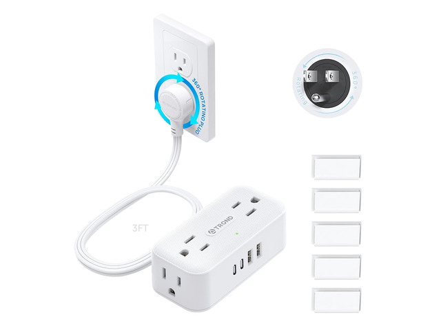 360° Rotating Flat Plug Short Extension Cord 3ft, 13A/1625W, White 4 AC & 4 USB, Low Profile Power Strip Mountable, 900J, Compact for Tight Spaces...