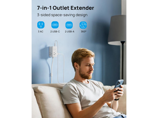 Electrical Outlet Extender 360Â° Rotating Plug with 20W USB C, 18in Short Extension Cord, Wall Plug Adapter with 3 AC Outlets, Access Hard-to-Reach...