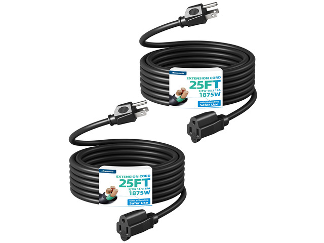 2Pack 25FT 15A Outdoor Extension Cord 14/3 SJTW Black, ETL Listed 3 Prong, Heavy Duty, Waterproof Power Cord for Indoor/Outdoor Appliances, Yard...