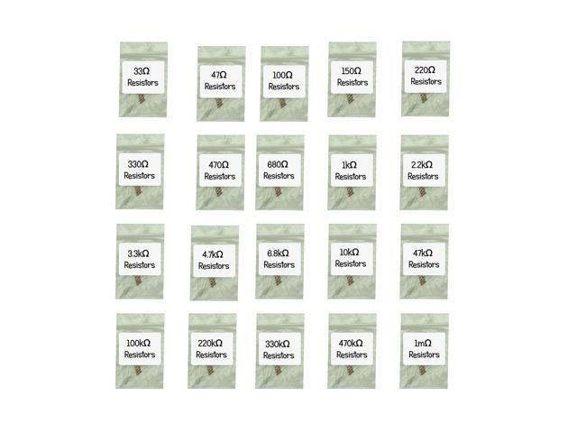 1/4w Carbon Film Resistor Kit - 33 Ohm to 1m (megaohm) - Assortment of 200 pcs 0.25w Resistors 33 47 100 150 220 330 470 680 1k 2.2k 3.3k 4.7k 6.8k...