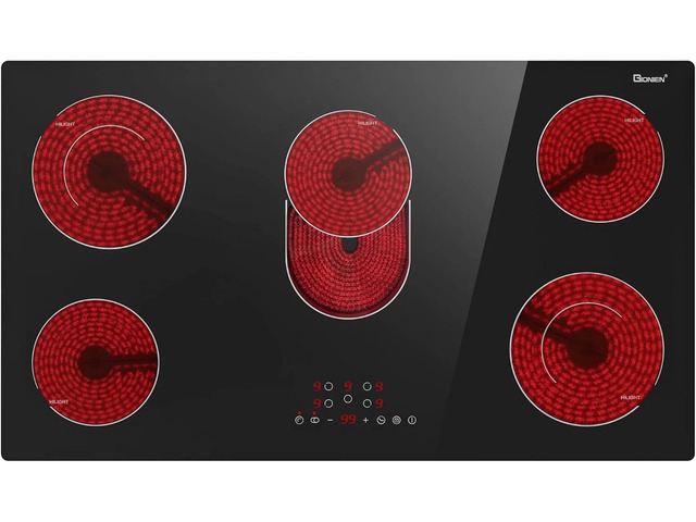 36 Inch Electric Cooktop, 8400W Built-in Ceramic Stove with 5 Burners & Double Ring Zones, 220~240V Hardwired Drop-in Electric Stove Top, Touch...