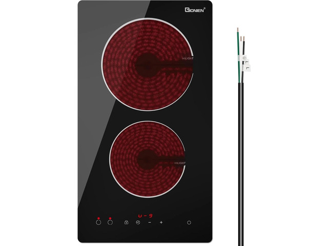 12 Inch Electric Cooktop, 2 Burner Built-in Ceramic Stove Top 3000W, 220V-240V Hardwired Double Radiant Cooktop with Touch Controls, Timer & Child...