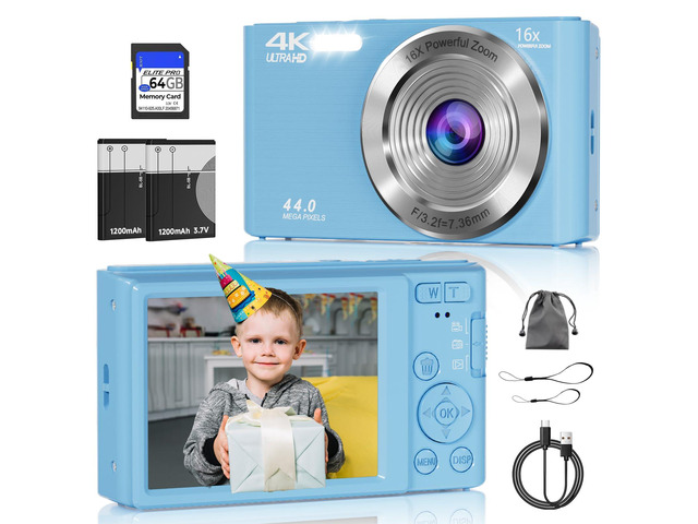 Digital Camera FHD 4K Kids Camera 44MP with 64GB SD Card (Blue) Autofocus