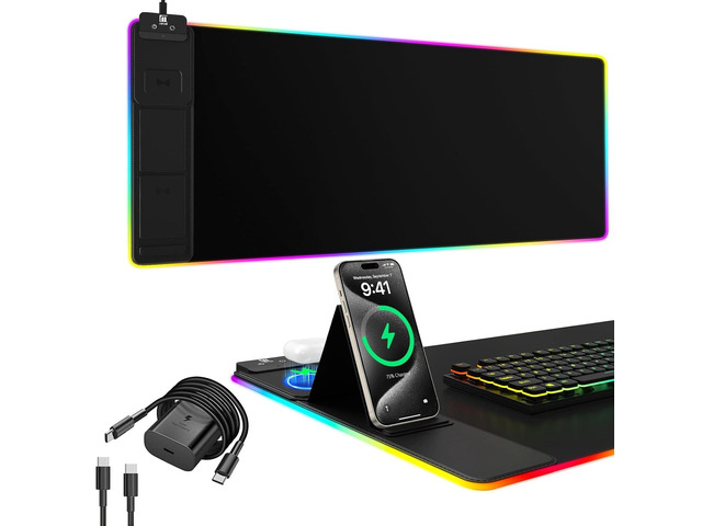 Wireless Charging RGB Mouse Pad with Phone Stand, Large Gaming Desk Mat (Black - 31.5x15.8 with PD Adapter)