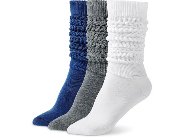 Tanvia Slouchy Socks for Women Slouch Scrunch Knee High Boot Socks Soft Long Socks Cozy Crew Socks Leg Warmers, White+Dark Gray+Royal Blue