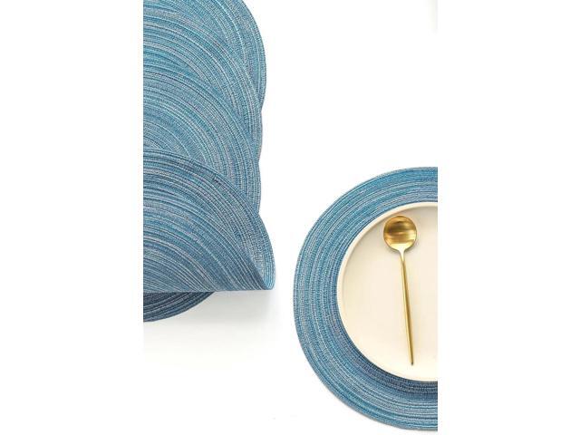 Tanvia 4 Pack 15 Inch Round Braided Placemats, Washable Heat Resistant Cotton Polyester Circle Place Mats for Kitchen Dining Table, Blue Gray