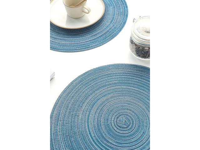 Tanvia 4 Pack 15 Inch Round Braided Placemats, Washable Heat Resistant Cotton Polyester Circle Place Mats for Kitchen Dining Table, Blue Gray