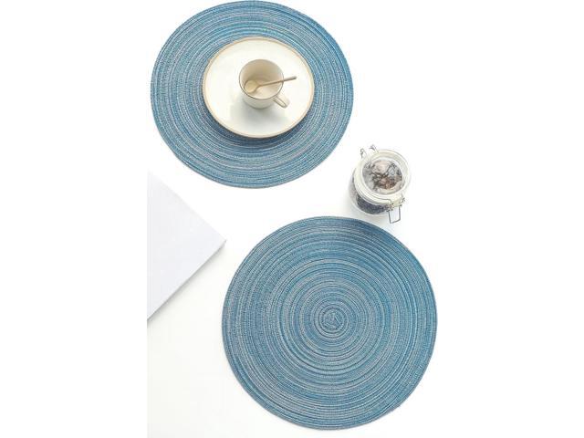 Tanvia 4 Pack 15 Inch Round Braided Placemats, Washable Heat Resistant Cotton Polyester Circle Place Mats for Kitchen Dining Table, Blue Gray