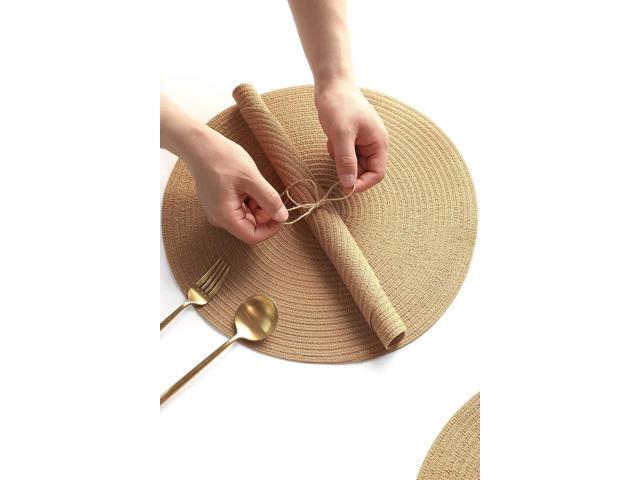 Tanvia 6 Pack 15 Inch Round Braided Placemats, Washable Heat Resistant Cotton Polyester Circle Place Mats for Kitchen Dining Table, Brown