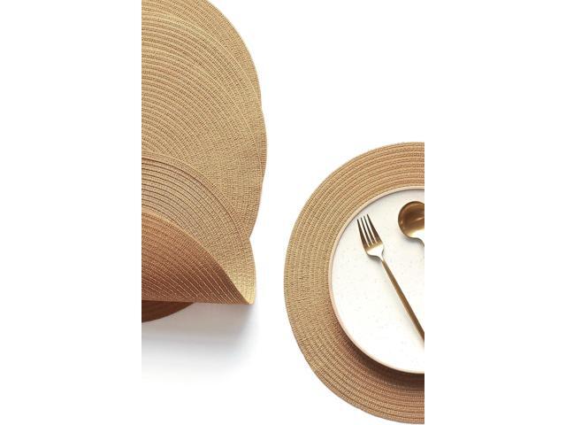 Tanvia 6 Pack 15 Inch Round Braided Placemats, Washable Heat Resistant Cotton Polyester Circle Place Mats for Kitchen Dining Table, Brown